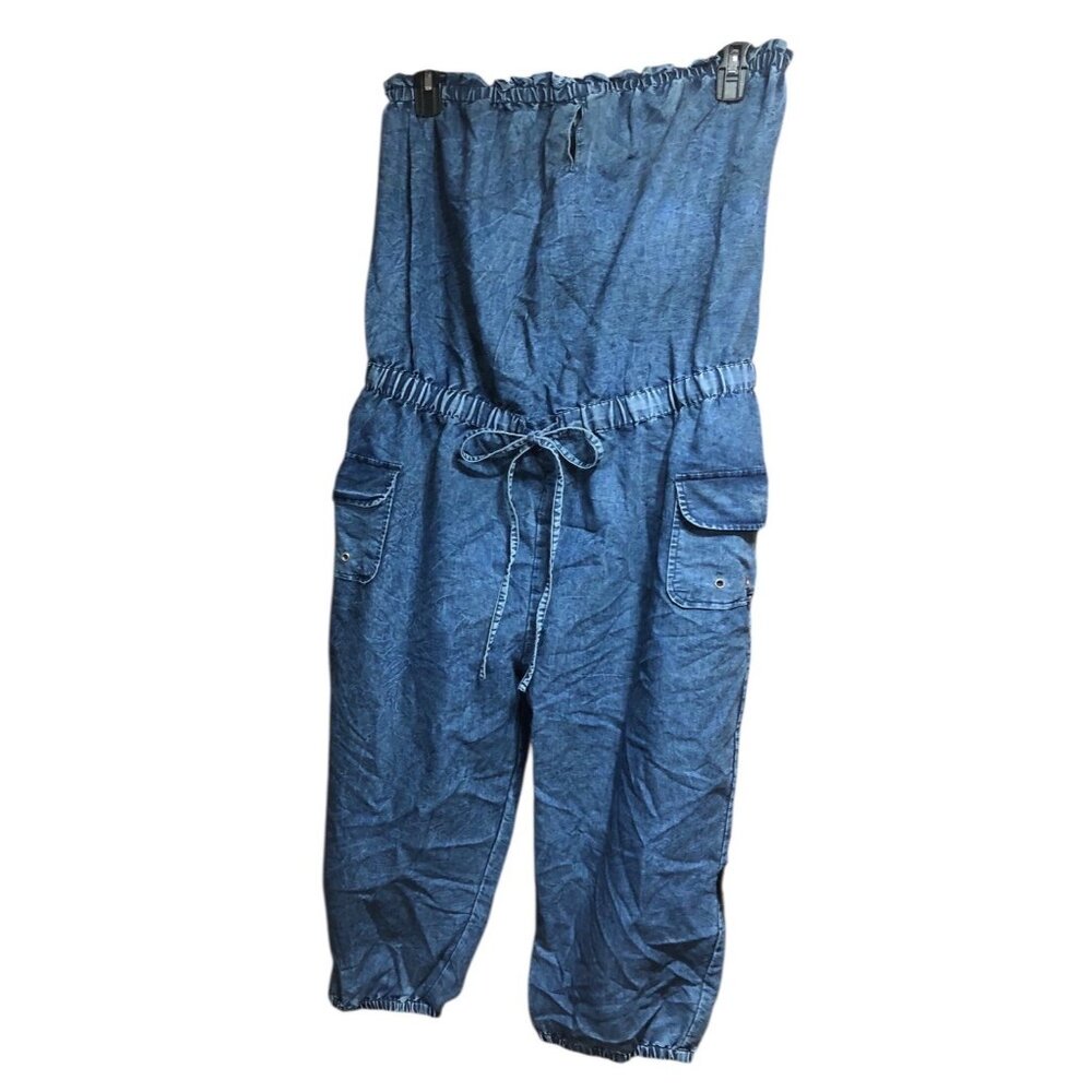 Boho Cowgirl Sweetheart Off Shoulder Denim Romper Key Hole Accent Pockets Sz 1X